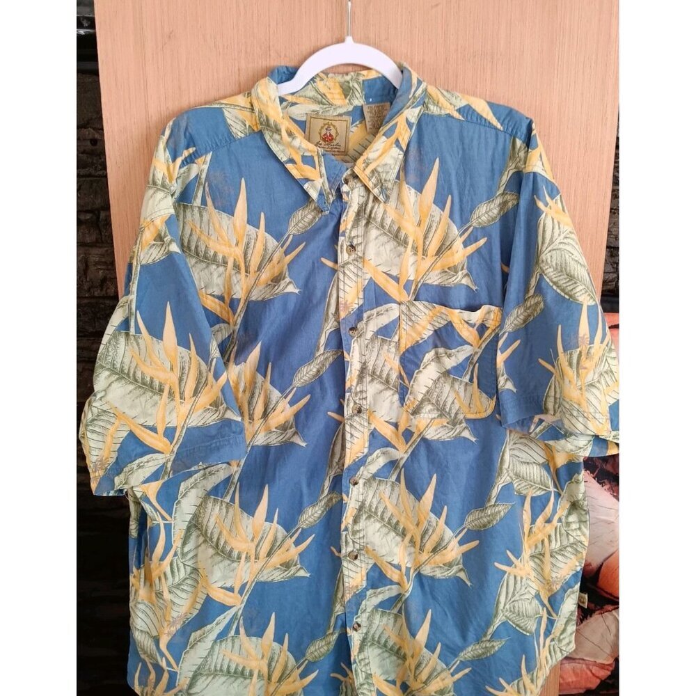 Joe Marlin Men's Button Up Shirt Blue Tropical Short Sleeve‎ 2X(50-52) Cotton